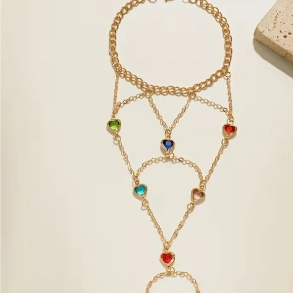 Elegant Gold Hand Chain with Multicolor Heart Gemstones - Picture 2 of 5